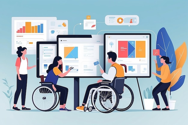 Illustration of handicapped people creating more accessible web design